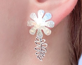 Hammered Silver Flower Earrings with a Leaf Dangle * Handmade Studs * Limited Edition Jewelry