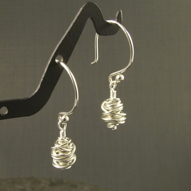 Sterling Silver Earrings featuring a Handmade Argentium Bead / Unique Dangle Earrings / Wire Beads Dangles / Argentium Earrings image 5