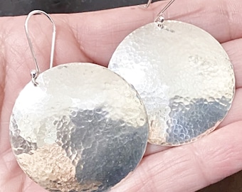 Large Hammered Sterling Silver Disc Earrings * Statement Circle Dangles