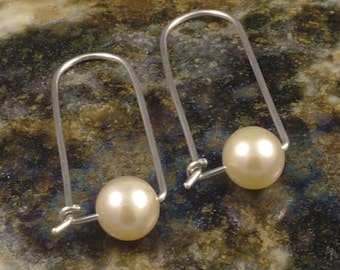 Silver Pearl Earrings / Sterling Silver Pearl Hoops - Modern Elegant Simple Minimalist Style Unique Different