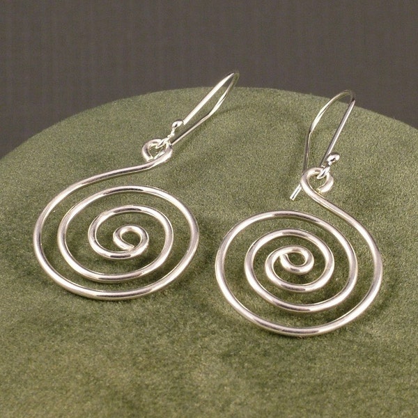 Silver Spiral Earrings / Simple Sterling Dangles / Fun Handmade Swirl Dangle  Argentium / Spiritual Energy