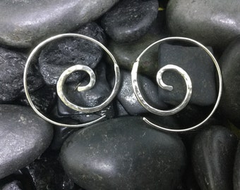 Silver Spiral Hoops * Argentium Sterling Stylish Swirl Earrings * Soldered Sturdy Slightly Over 1 Inch Whirling Hammered Hoop