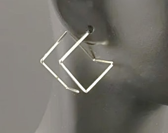 Modern Argentium Sterling Silver Square Earrings Geometric 3D Cube Hoops