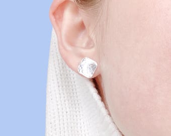 Hammered Silver Square Studs * Handmade Argentium Sterling Earrings