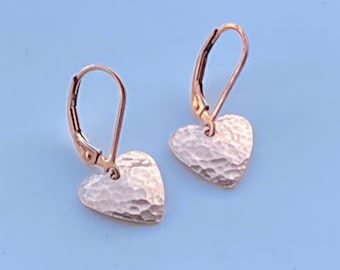 Rose Gold Heart Dangle Earrings: 14k Filled Leverback, Handmade