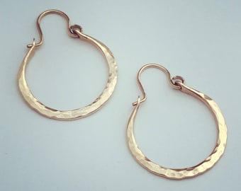 Gold Hoops * Yellow or Rose Gold Hoop Earrings * Hammered Sleeper Earring * 1 Inch Pink Gold Hoops * Sturdy Pretty Practical * Gift for Her