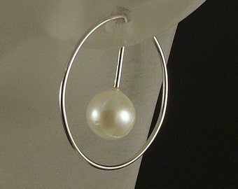 Silver Pearl Earrings / Silver Hoops / Unique Sterling Silver Hoops / Classic Simple and Elegant