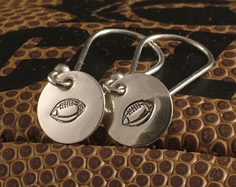 Silver Football Earrings / Sterling Dangle Earring with Handstamped Footballs / Can be Made in Posts / Studs