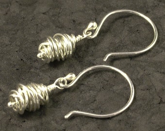 Sterling Silver Earrings featuring a Handmade Argentium Bead / Unique Dangle Earrings / Wire Beads Dangles / Argentium Earrings