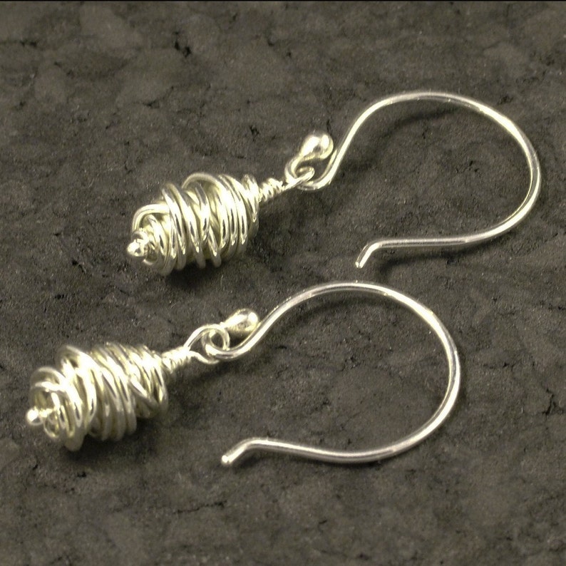 Sterling Silver Earrings featuring a Handmade Argentium Bead / Unique Dangle Earrings / Wire Beads Dangles / Argentium Earrings image 1
