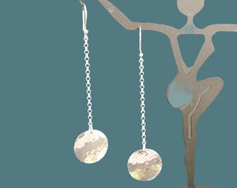 Long Silver Earrings * Hammered Sterling Disk Chain Dangle Earrings * Timeless Elegance