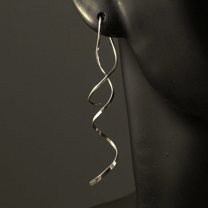Long Spiral Silver Earrings Hammered Argentium Sterling Dangle Twisted Contempory Alluring Fashion Threaders image 5