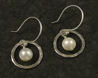 Pearl and Silver Dangle Earrings * Hammered Argentium Sterling Circle Surround the Infinity of Freshwater Pearls * Classic Forever Gift