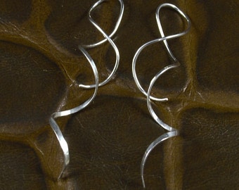 Long Spiral Silver Earrings * Hammered Argentium Sterling Dangle * Twisted Contempory  Alluring Fashion  Threaders