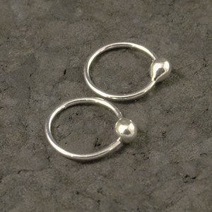 Tiny Tear Silver Hoops / Argentium Sterling Drop Earrings / Seamless Catchless Cartilage / Tragus / Helix / Nose Ring image 1