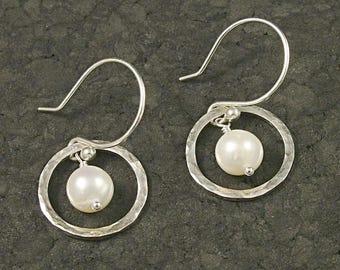 Hammered Argentium Sterling Silver Pearl Dangle Earrings