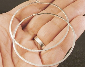Large Hand Hammered Argentium Silver Hoops * Big SS Earrings * 2 Inch or Customize