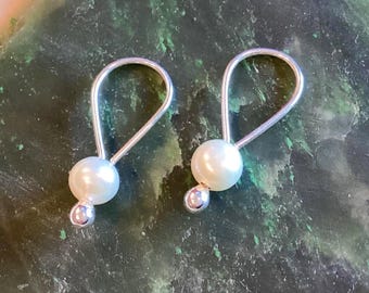 Handmade Argentium Silver Pearl Sleeper Earrings: Minimalist Drop Hoops