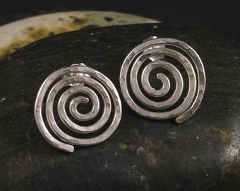 Silver Spiral Earrings / Hammered Sterling Swirl Stud / Post Earrings Swirling Curl Vortex Eternity Posts Studs