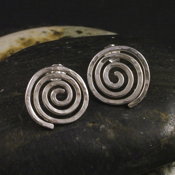 Silver Spiral Earrings / Hammered Sterling Swirl Stud / Post Earrings Swirling Curl Vortex Eternity Posts Studs