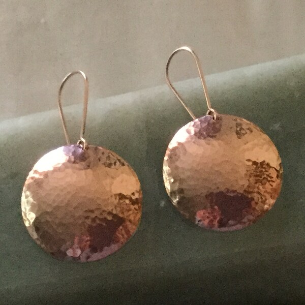 Rose Gold Circle Disk Dangle Earring * Hammered Finish 1 Inch Round  * 14k Pink Gold Filled * Minimalist Class * Great Gift Idea