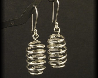 Silver Spiral Earrings - Sterling Spirals Dangle from Budded Handmade Ear Wires - Argentium SS