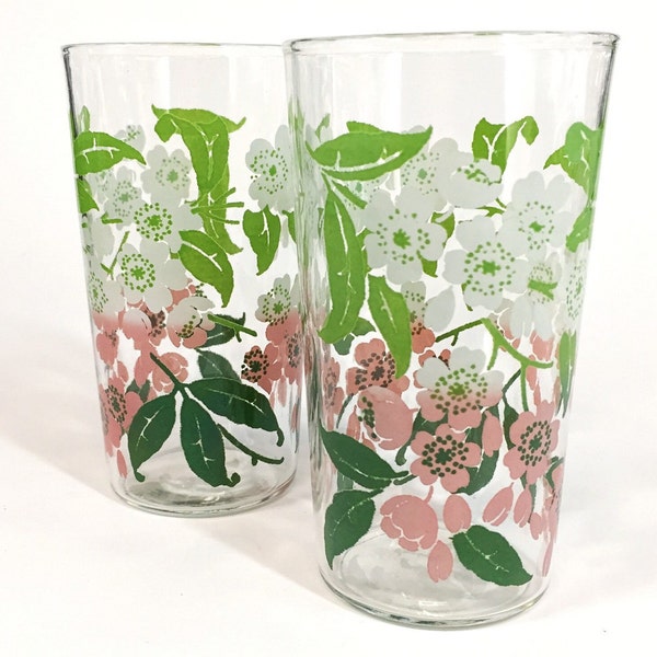 Vintage 1950s Set of 2 Juice Glasses | Cherry Blossoms | Pink White Green Flowers Leaves Floral Drink Hiball | vtg HOUSEWARES | FOUND by LB