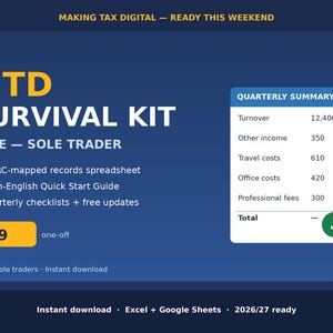 Könnte beinhalten: Ein digitales MTD-Survival-Kit für Einzelunternehmer mit einer vierteljährlichen Zusammenfassungstabelle für Umsatz, Einkommen und Kosten. Die blaue Grafik enthält Text zu einer HMRC-konformen Tabelle, einem Leitfaden und Checklisten.
