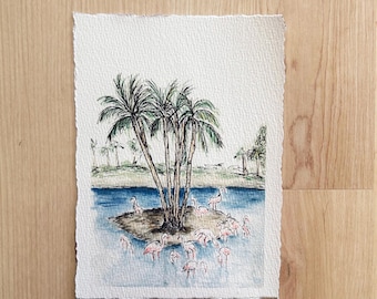 Flamingos Watercolor Art Print: Florida Wildlife Landscape (5x7")