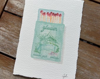 Glacier National Park Watercolor Print: Vintage Matchbox Landscape Art