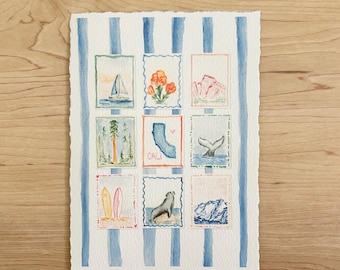 California Nature Stamp Collection - Trendy Coastal Vintage Handpainted Watercolor Print