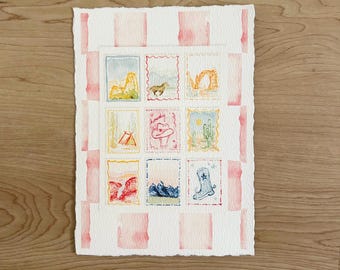 Southwest Stamp Print: Pink Cowboy Theme, Watercolor Wall Art