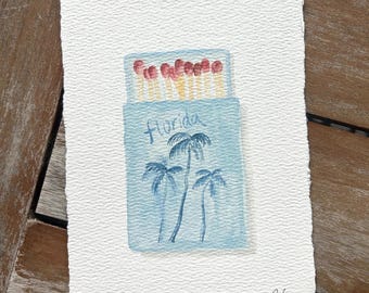 Florida Palm Tree Matchbox Print: Coastal Watercolor Wall Art