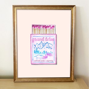 Grand Teton National Park - Trendige Vintage Streichholzschachtel Druck - Handgemachte Aquarell Wandkunst - Digitaler Download