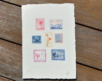 Pastel - California Nature Watercolor Vintage Stamp Art - 5x7" or 8"x10" Print