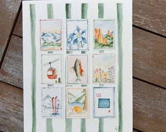 Colorado Wildlife Nature Stamp Collection - 5x7", 8x10" Trendy Watercolor Print