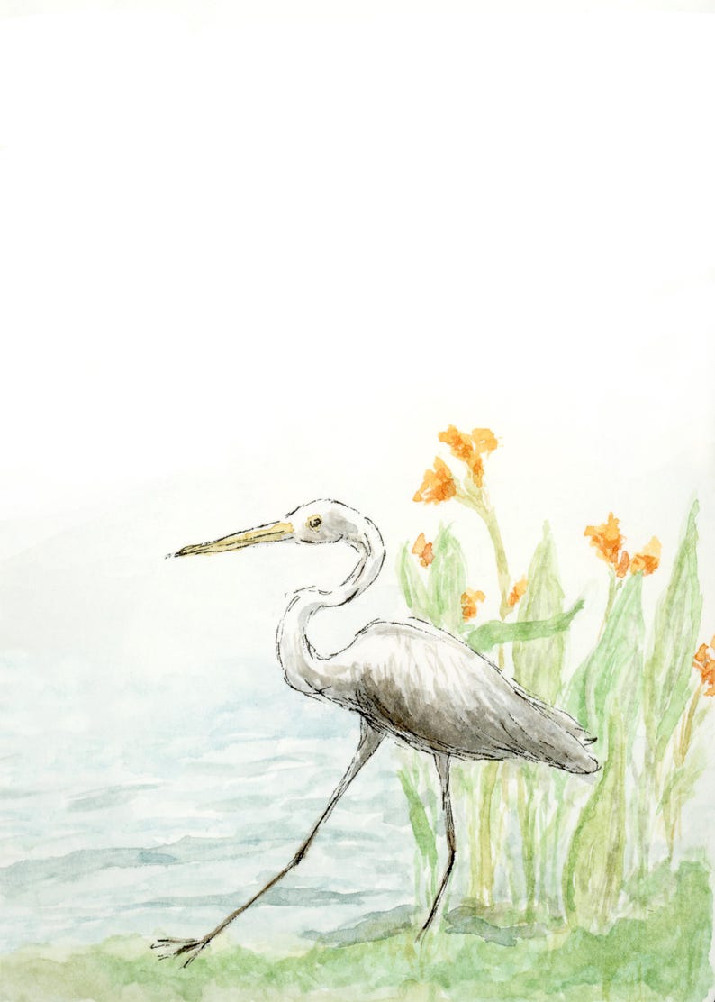 May include: Watercolor painting of a white heron standing near water and orange flowers. The bird has a long neck and beak, with its legs extended. The background is a soft blue and green.