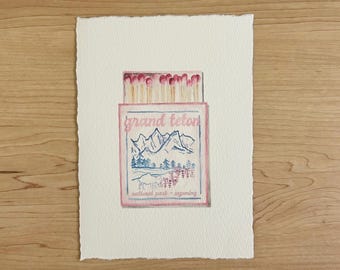 Grand Teton Watercolor Print: Vintage Matchbox Landscape Art