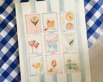 Watercolor Cocktail Stamp Print: Retro Summer Drink Wall Art