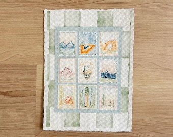 US National Parks Watercolor Stamp Print: Vintage Travel Art