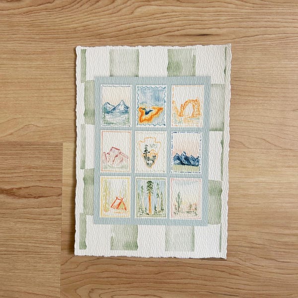 US National Parks Watercolor Stamp Print: Vintage Travel Art