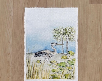 Great Blue Heron Watercolor Print – Everglades Landscape Art (5x7)