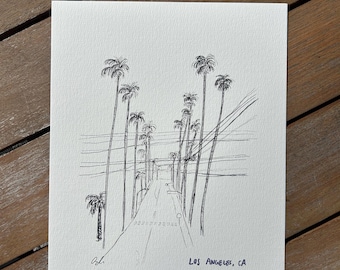 Los Angeles, California - Palm Trees Linework- Handmade Wall Art Print