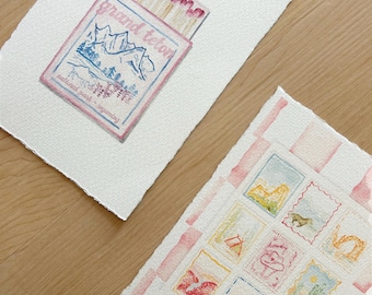 Grand Teton & Southwest Stamp Watercolor Art Prints (Set of 2)