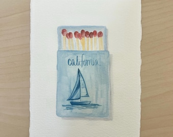 California Sailboat Matchbox Print: Coastal Watercolor Wall Art