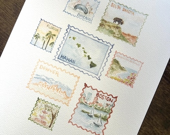 Personalized Handmade Watercolor Stamp Collection - Custom Painting, Travel Keepsake, Anniversary Gift