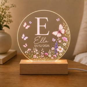 Custom Name Butterfly Night Light, LED Acrylic Lamp with Wood Base, Personalized Bedroom Lamp, Unique Gift for Women, Tabletop Room Decor