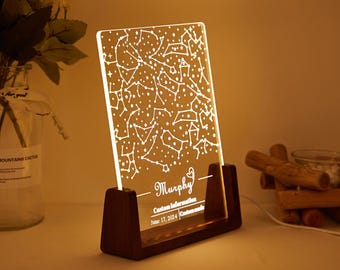 Luz de noche de cumpleaños con mapa estelar personalizado, lámpara de noche con mapa de constelación personalizado con nombre, cielo nocturno por ubicación, regalo de compromiso para él/ella