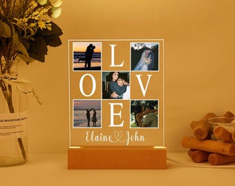 Luz de noche con foto de amante personalizada, luz LED de collage de fotos, lámpara de foto personalizada, regalo de aniversario, regalo de cumpleaños para pareja, placa con imagen