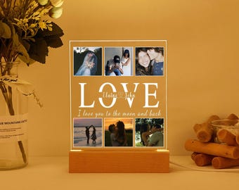 Luz nocturna con foto personalizada, luz LED para collage de fotos de pareja, lámpara de fotos personalizada, regalo de aniversario, regalo de cumpleaños para pareja, placa con foto.